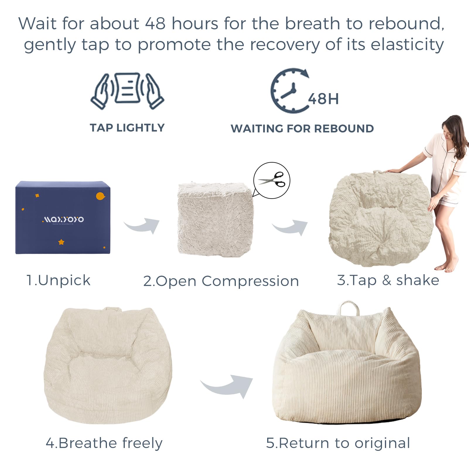 MAXYOYO Sitzsack für Erwachsene, Cosy Bean Bag aus Cord mit Handgriff, Schaumstofffüllung, Bequemer Sessel Spielen, Lesen, Entspannen
