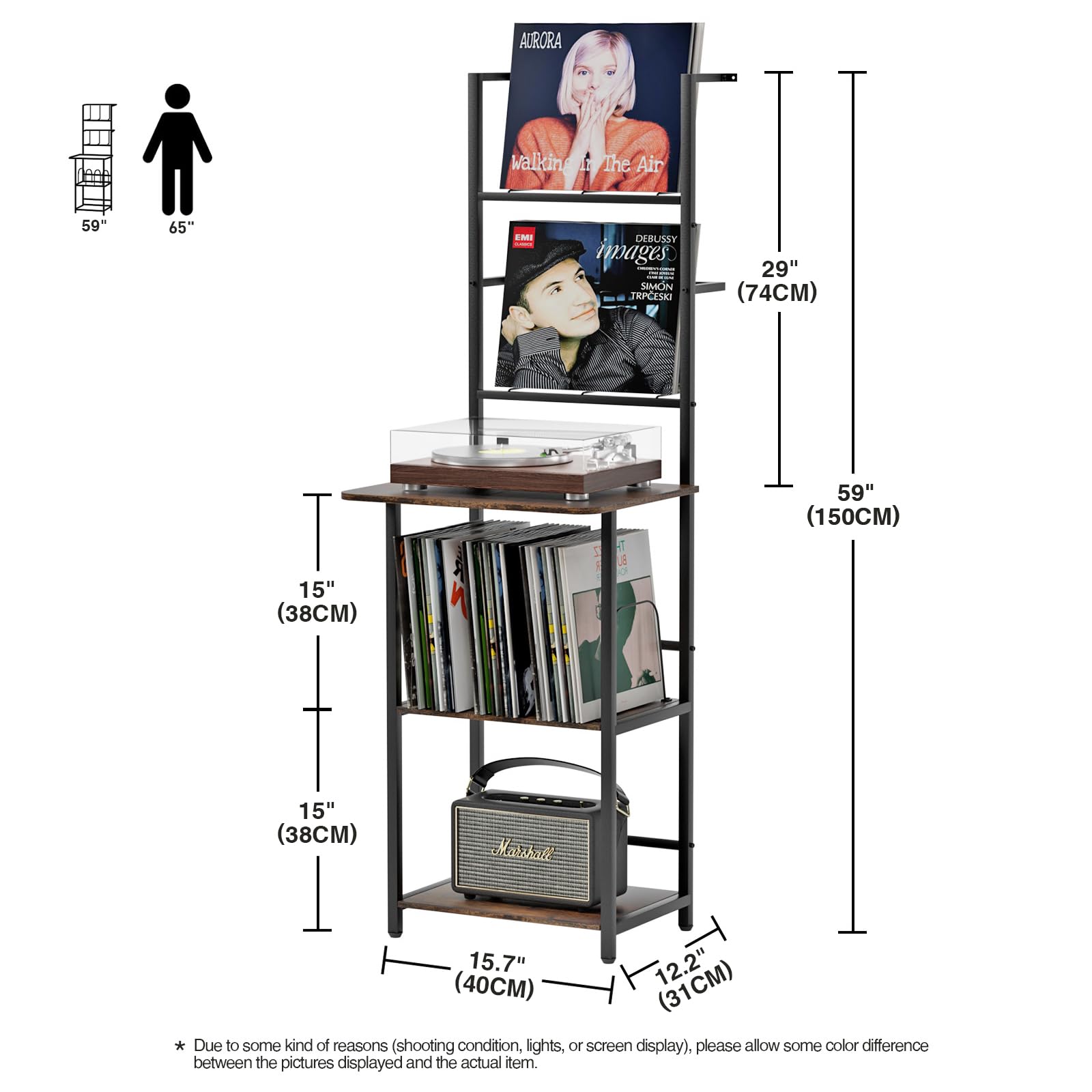 Mobile Giradischi e Porta Vinili a 5 Livelli, Porta Dischi Vinile, Vinili da Parete a 2 Livelli, Mobile per Giradischi e Vinili Archiviazione fino a 200 Albums, Cds
