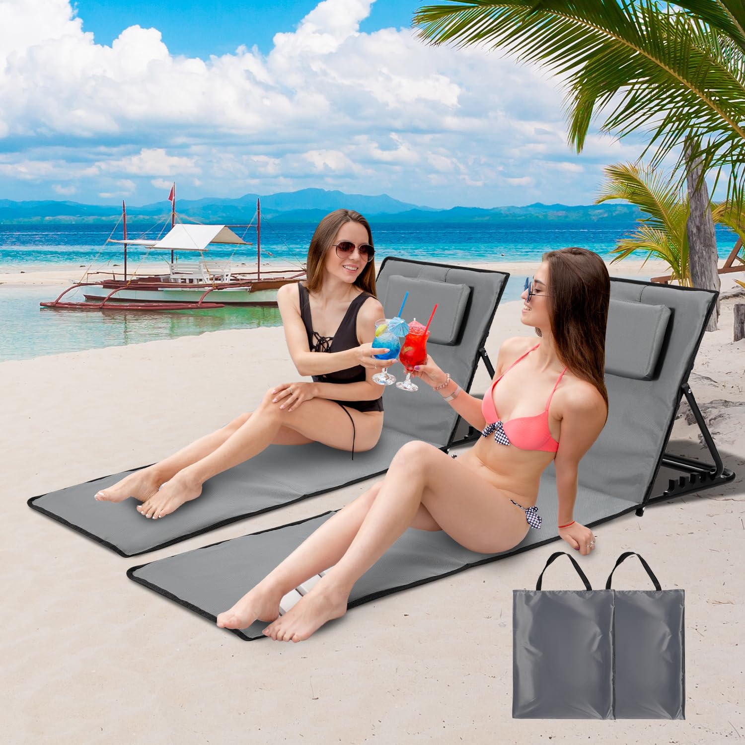 Lot de 2 chaises longues de plage pliables légères avec dossier avec coussin et compartiment de rangement - Tapis de soleil pliable pour la plage - Avec sac de transport - Chaise de plage