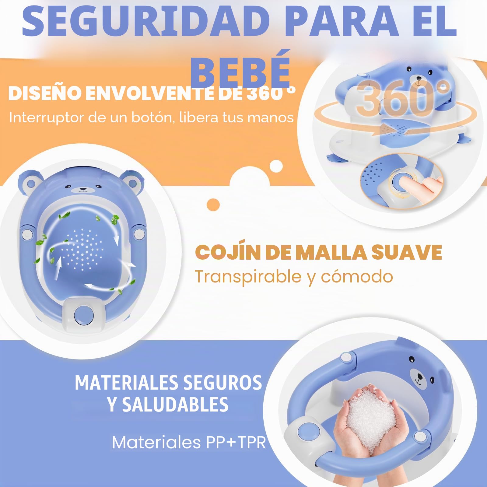 Asiento de Baño para Bebé 6-24 Meses, Silla Baño Bebe con 4 Fuertes Ventosas, Respaldo Ergonómico, Barra de seguridad, Antideslizante y Cómoda, Regalo para Recién Nacidos y Nuevas Madres(Azul)