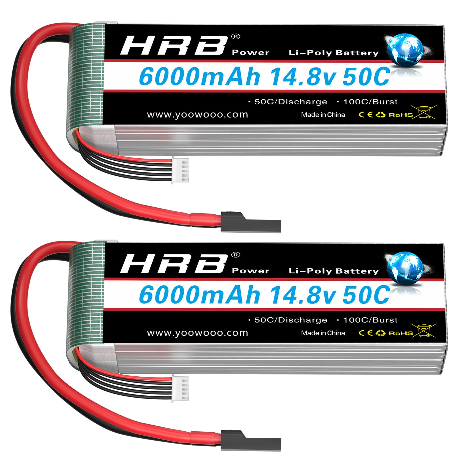 HRB 2PCS 14.8V 6000mAh 50C 4S Lipo Battery Pack Compatible with RC Plane Quadcopter Helicopter Car Truck Boat