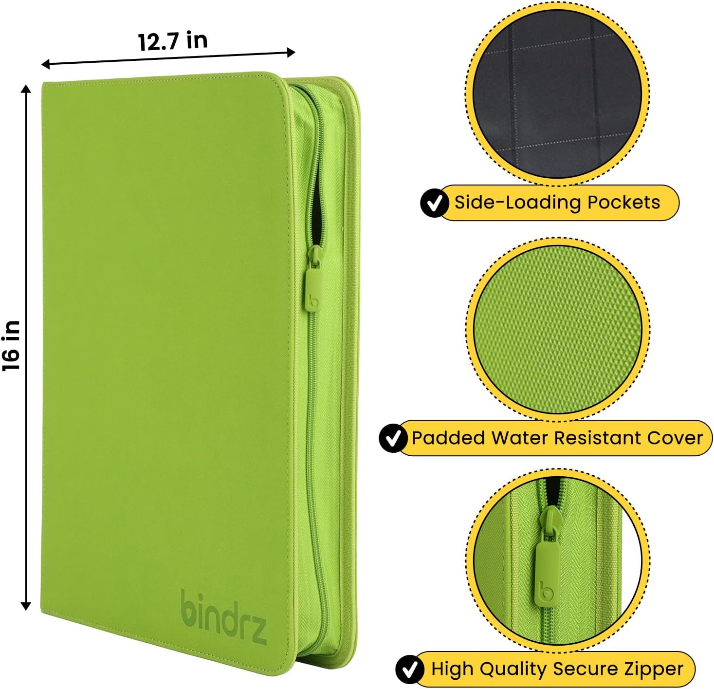 bindrz 9 Pocket Top Loader Binder - Holds 252 Toploaders - Archival Safe Ringless Zipper Album - Side Loading Pockets for CCG TCG MTG and Sports Cards in Plastic Holders (Grass)