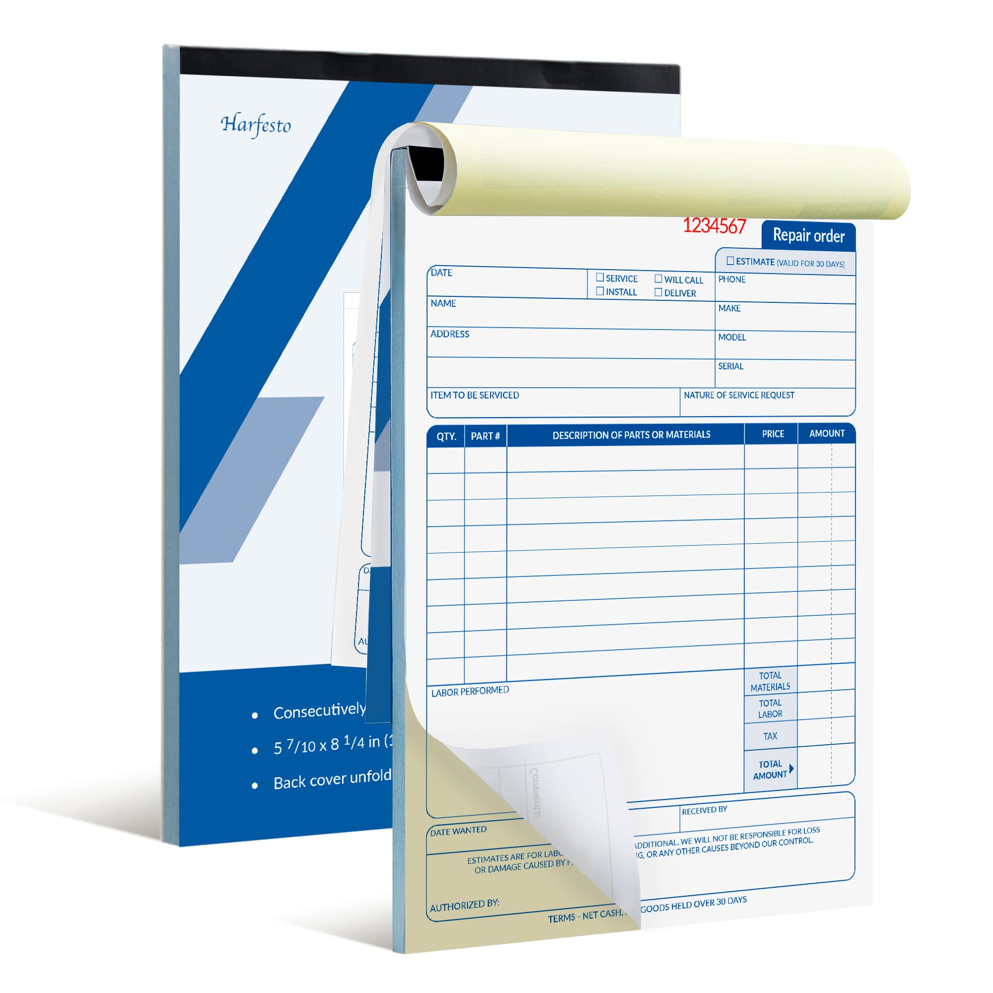Harfesto Repair Order Book, 2 Part Carbonless Job Work Order Forms - White/Yellow, 5-7/10 x 8-1/4 Inches, Invoice Receipt Book for Small Business,