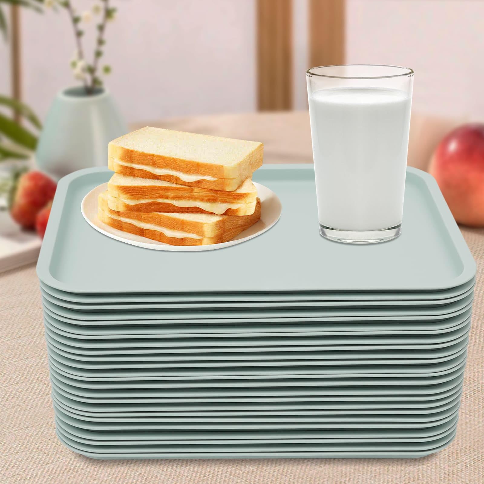 Lot de 24 Plateaux de Service en PP, Compatibles Lave-Vaisselle et Micro-Ondes, 36 x 27cm, pour Fast-Foods, Restaurants, Cafétérias (Bleu)