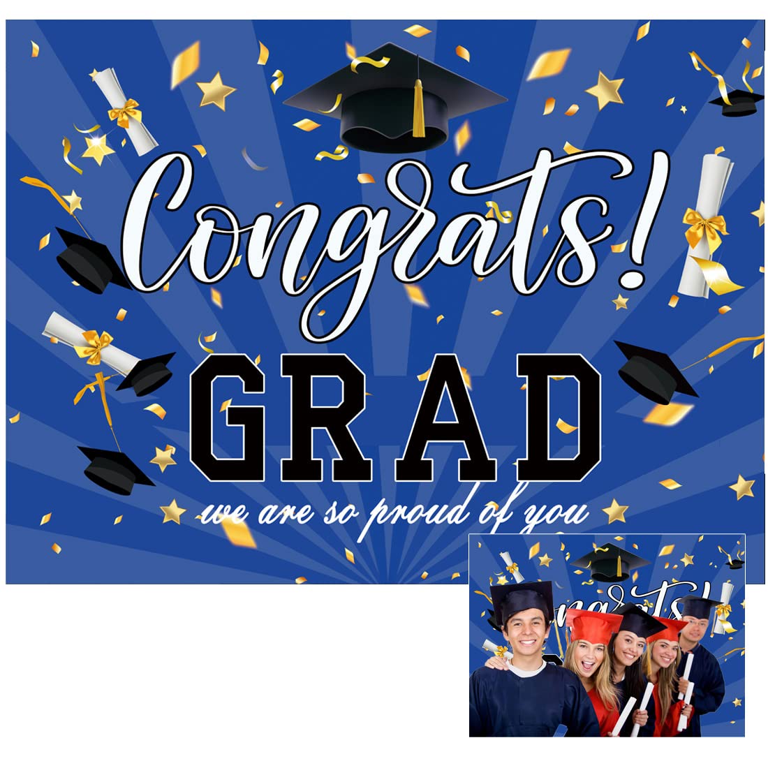 DHXXSC 10X8FT Graduation Ceremony Photography Backdrop Congrats Grad Blue Graduation Party Banner Background DH-180