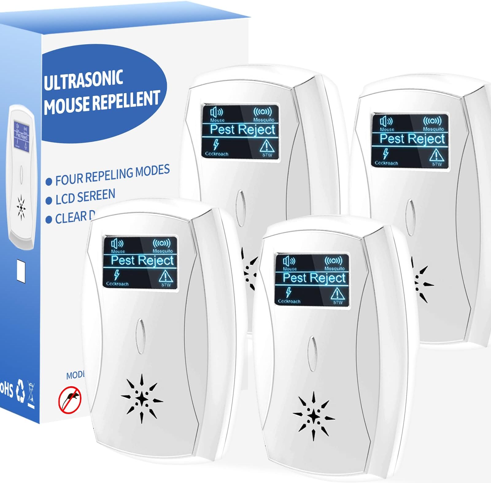 Ultrasonic Pest Repeller 4-in-1 Plug in Frequency Conversion Technology Pest Control Electronic Pest Repellent For Indoor and Outdoor Efficient Repelling Pest, Safe for Human & Pets (4 Pack, White)