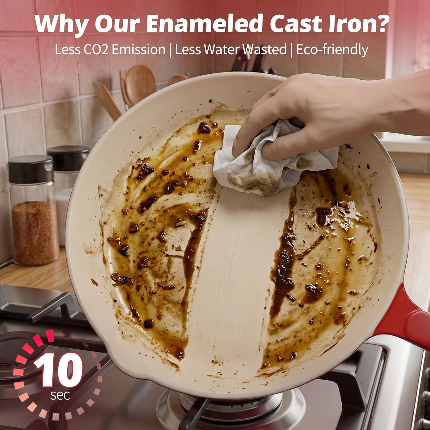 Enameled Cast Iron Skillet 3-Piece Set, Nonstick Heavy-Duty 11", 10", 8.6" Frying Pan, Oven & Induction Safe, Cookware for Gas, Electric, Ceramic Stovetops​, Red