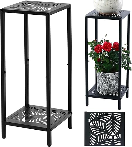 Party Zealot Soporte cuadrado de metal alto de 2 niveles para macetas, estante moderno para macetas de interior, mesa auxiliar de esquina para patio