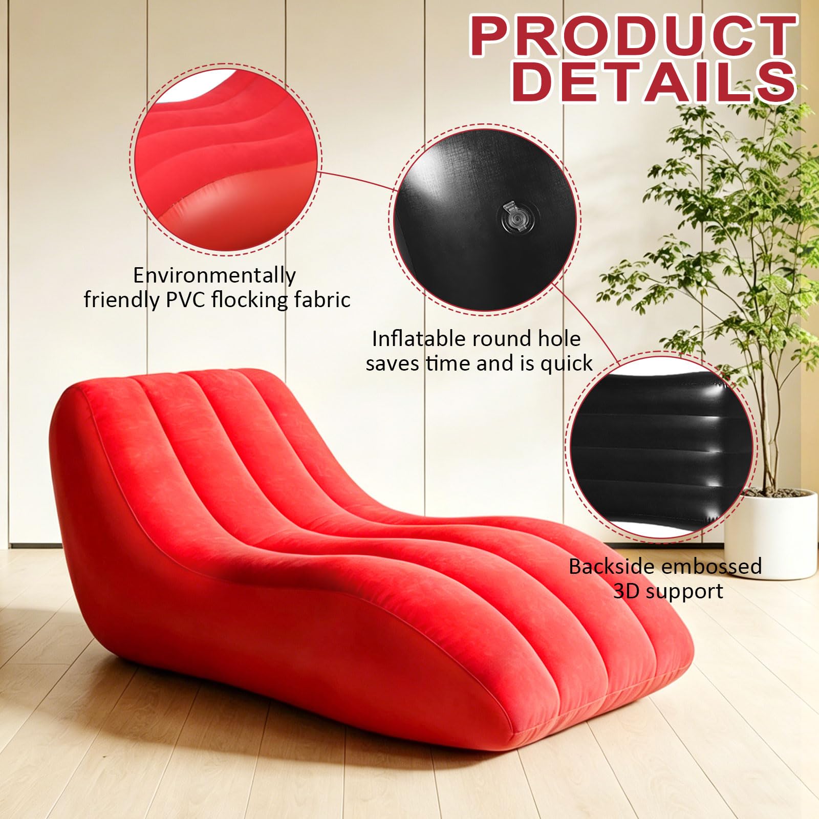Bocguy Fauteuil gonflable d'extérieur avec pompe à air, canapé gonflable en PVC avec surface floquée pour l'intérieur, l'extérieur, la maison, le camping, les pique-niques, la plage (rouge)