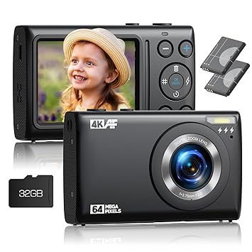 Kids Digital Camera 4K&64MP, Small Digital Camera for Photography with Digital Zoom 32G SD Card 2 Batteries, Mini Vlog Camera for Kids Girls and Boys