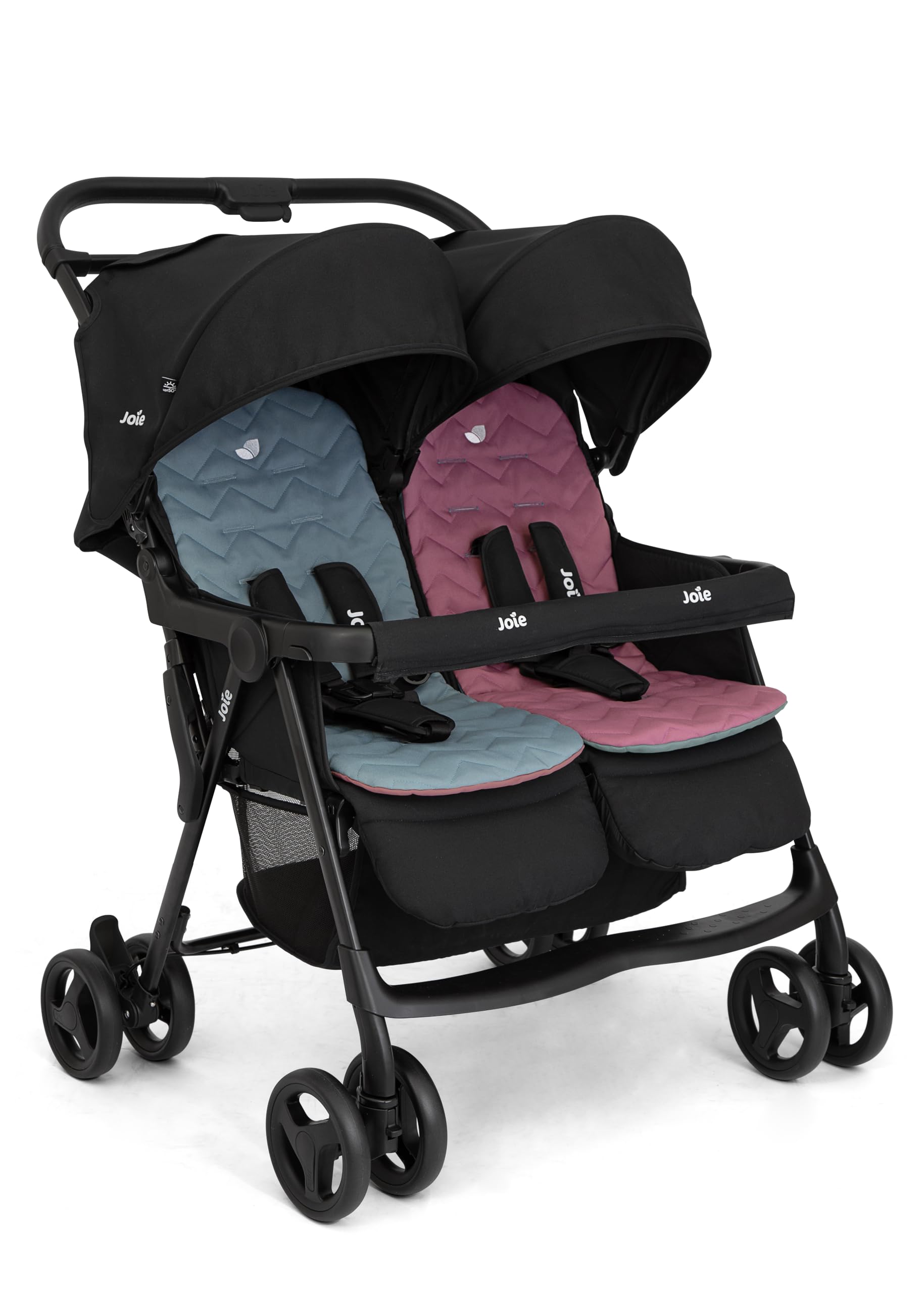 Joie aire™ twin Zwillingsbuggy – leichter Buggy mit kompaktem Faltmaß, flacher Liegefunktion, Regenschutz & zwei Sitzen, geeignet ab Geburt bis 3 Jahre (0–15 kg) (SHALE)
