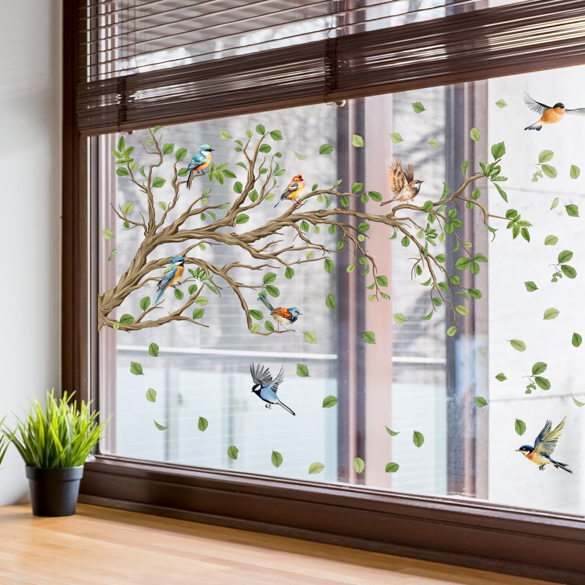 Double Sided Window Clings Birds on Tree Branch - Anti-Collision Glass Static Stickers with Green Vine Leaves for Spring Summer Decor, Window, Patio Door, Kitchen - 11.8x23.6 Inch