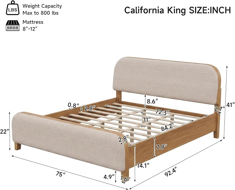 Merax California King Solid Wood Bed Frame and Rounded Headboard, Natural image 2