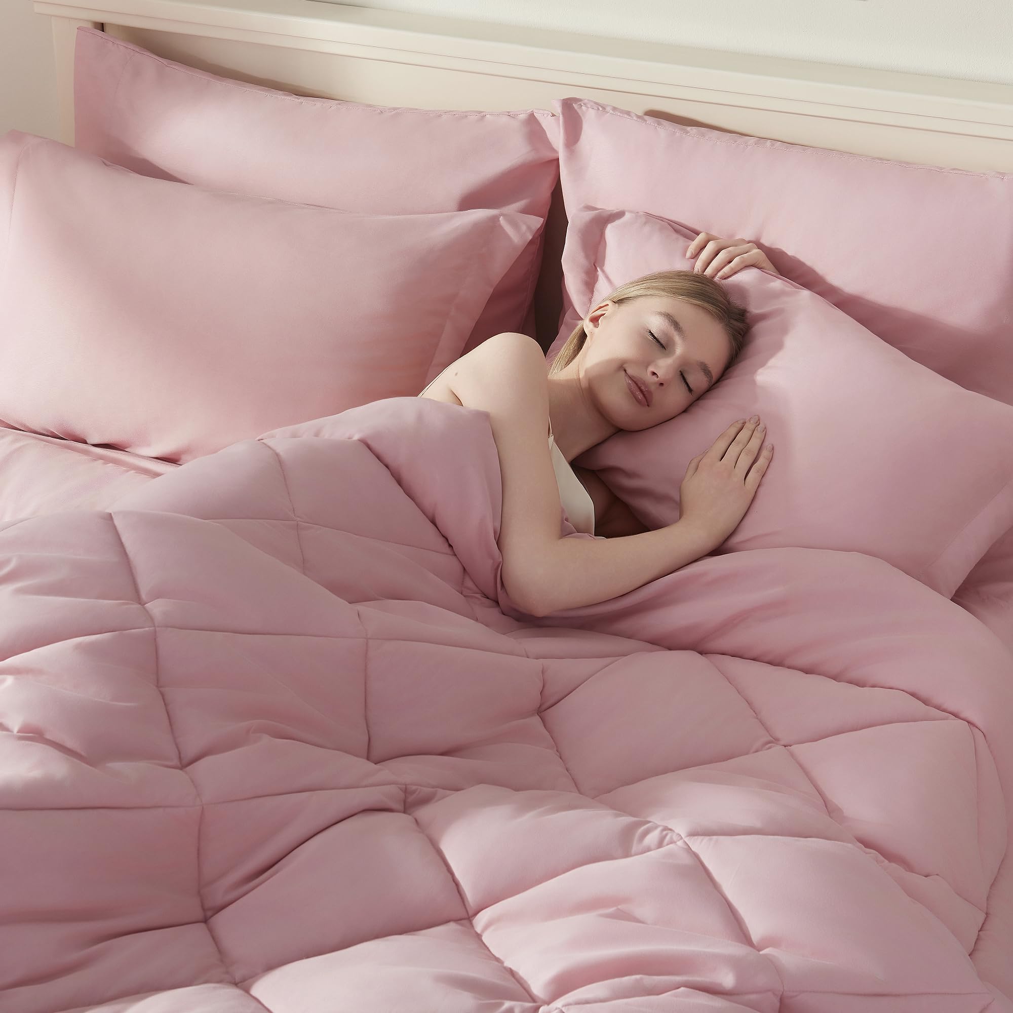 DOWNCOOL 7-Piece Full Size Comforter Set - All Season Down Alternative Bedding In Pink