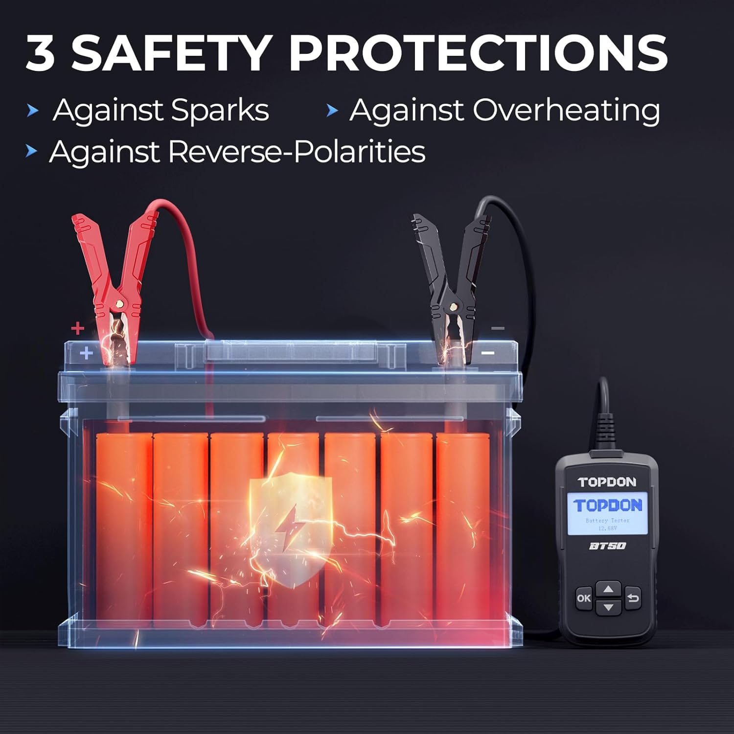 Diagram showing a battery with a shield icon and sparks, illustrating the BT50's 3 safety protections: against sparks, overheating, and reverse-polarities.