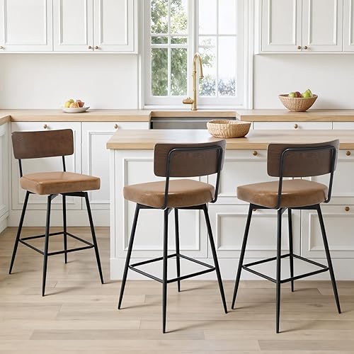 Miniatura 11 de Juego de 2 taburetes de bar giratorios de 26 pulgadas de altura de mostrador con respaldo de madera, taburetes de bar tapizados de piel sintética
