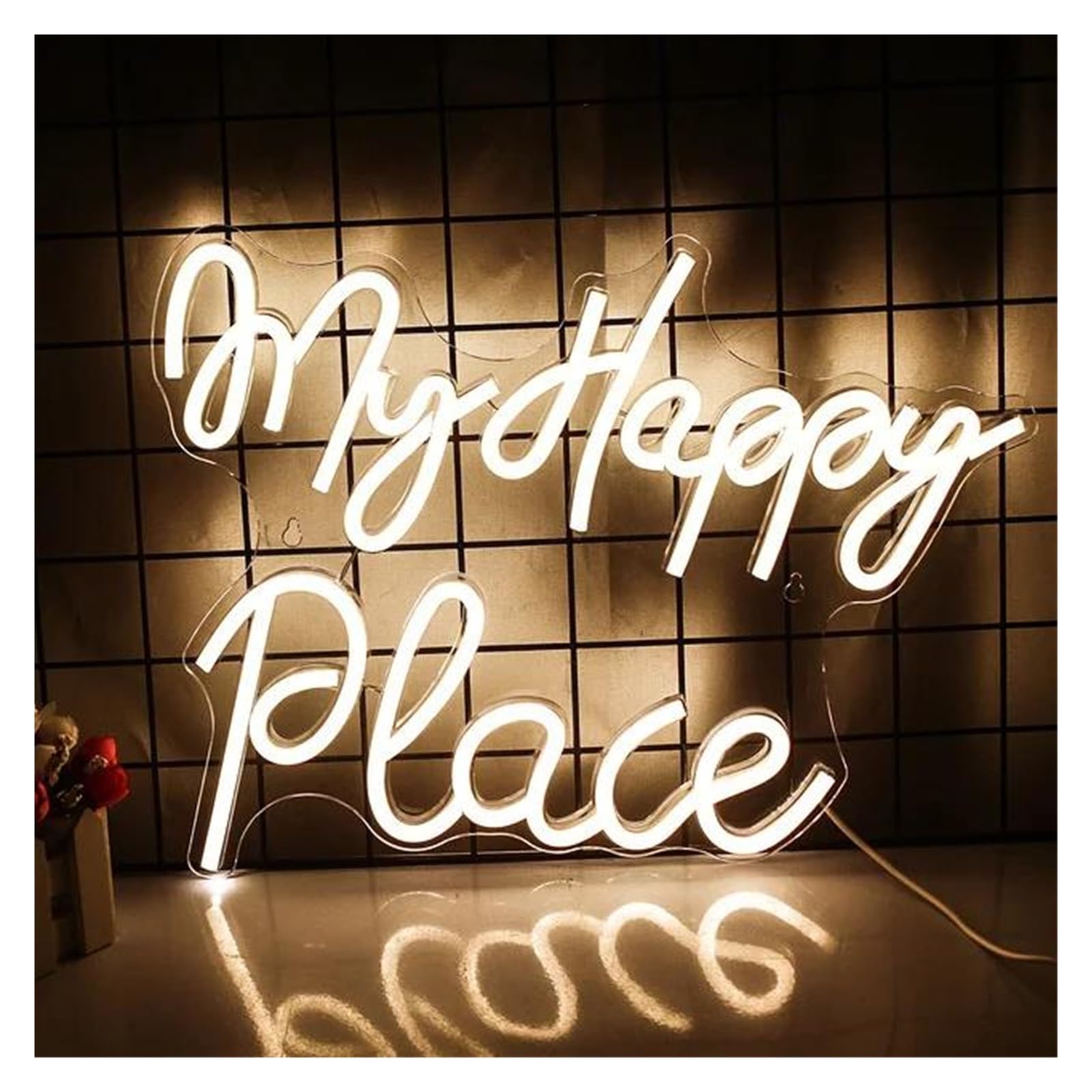 SHOUXI Sign Lamp My Happy Place Neon Sign Words Neon Lights Wedding USB Powered Neon Signs for Wall Decor Birthday Party 40x32cm(Warm)