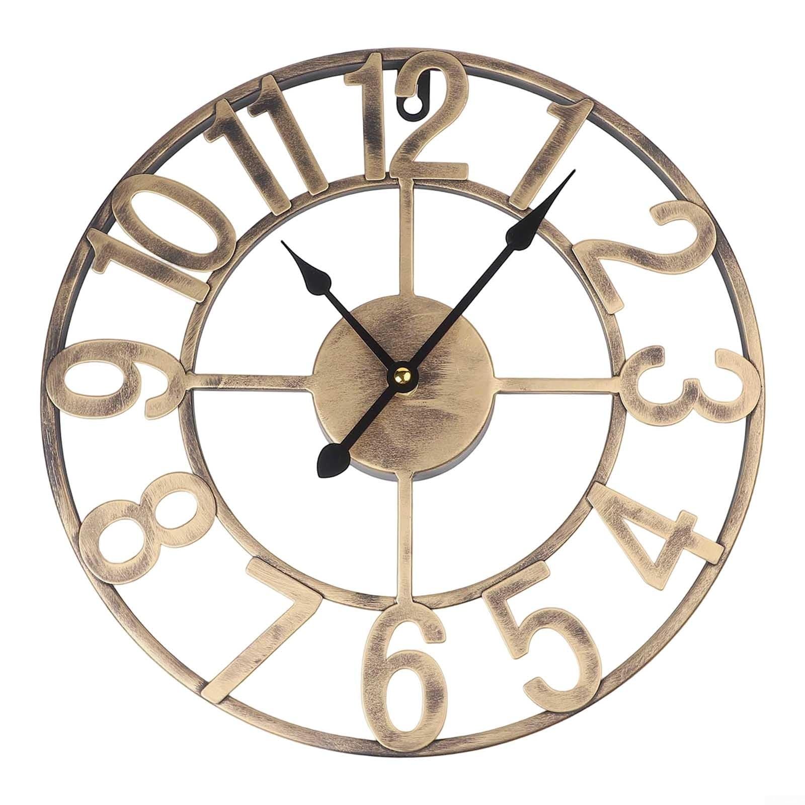 HpLive Vintage Metall Wanduhr Für Außenbereich Wetterfest Große Ziffern Leises Uhrwerk Für DEKO Für Garten Terrasse Hof Farmhaus Stilvoll Schwarz Oder Gold 34 cm，Outdoor Uhr Garten Wasserfest(G)
