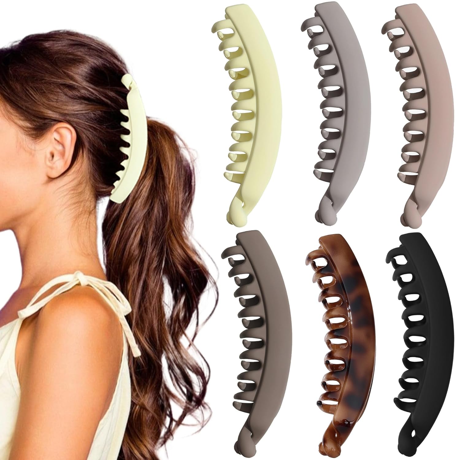 6-Pack 5-Inch Banana Hair Clips for Women’s Thin Fine Thick Hair — Strong Banana Claw Clips for Hair (Black, Brown, Grey, Cream, Tortoise, Oyster Grey)