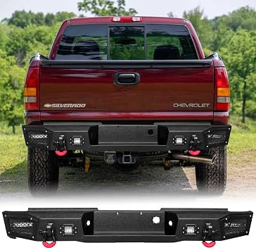 Rear Bumper Compatible with 1999-2006 Chevrolet Silverado 1500 and GMC Sierra w/Sensor Mounting Hole & 4 LED Lights & 2 x 4.75 T D-Rings