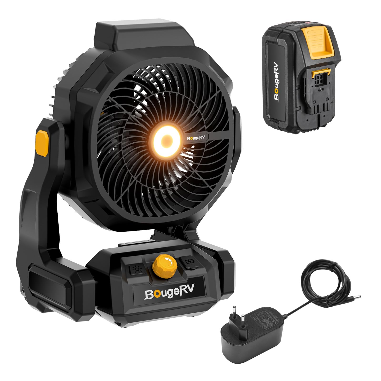 BougeRV F02 Camping Ventilator mit Akku, Bis zu 72 Std. Laufzeit, Stufenlos 7,5m/s Tragbarer Ventilator mit LED-Licht, 210° Neigbar, AC/DC Dual Stromversorgung für Reisen Küche Outdoor Zuhause Angeln