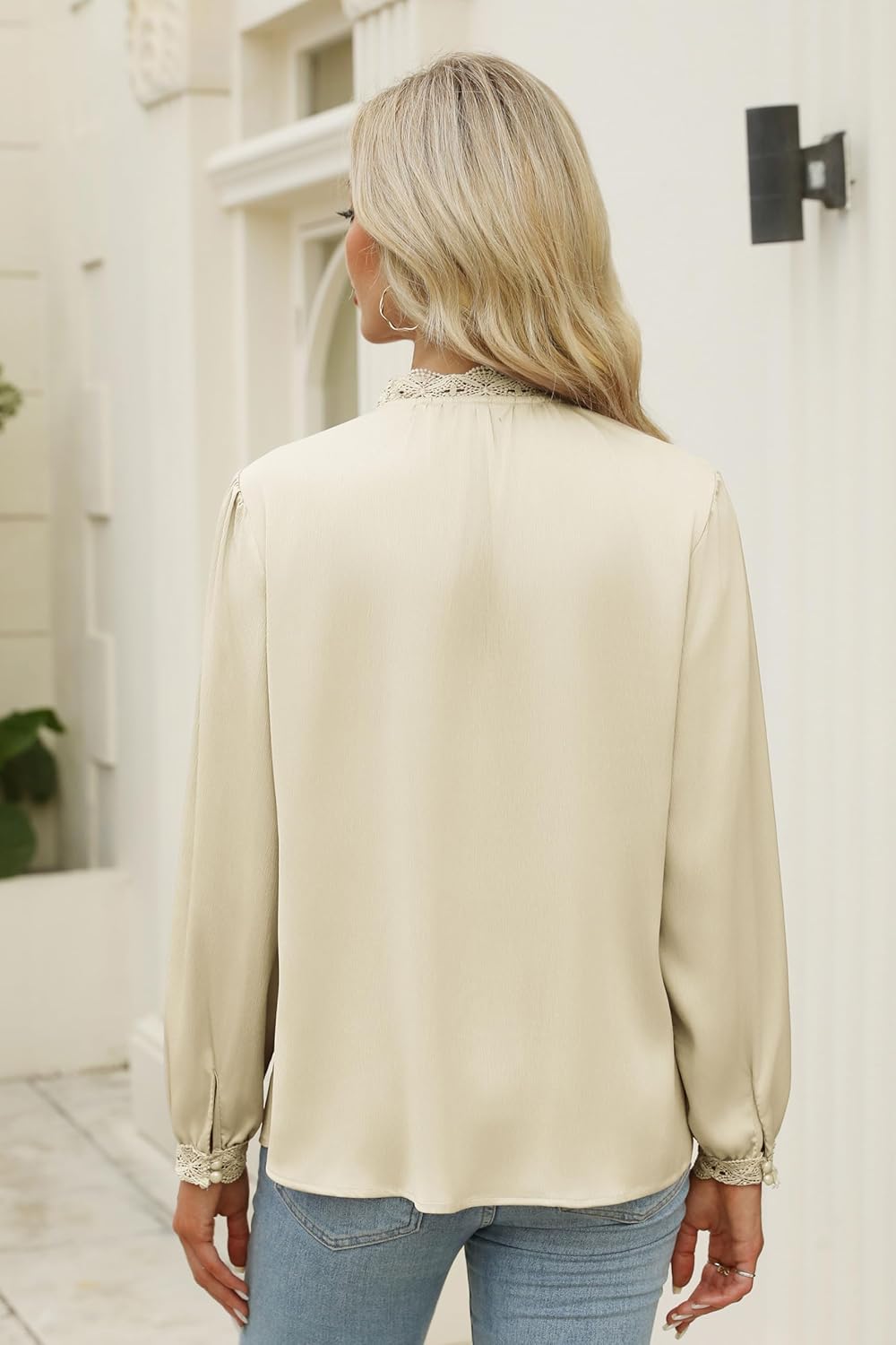 Neweek Satin Crinkle Blouses for Women Lace Collared Cuff Tops Silk Button Down Shirts Long Sleeve Business Loose Work Tops - Image 3