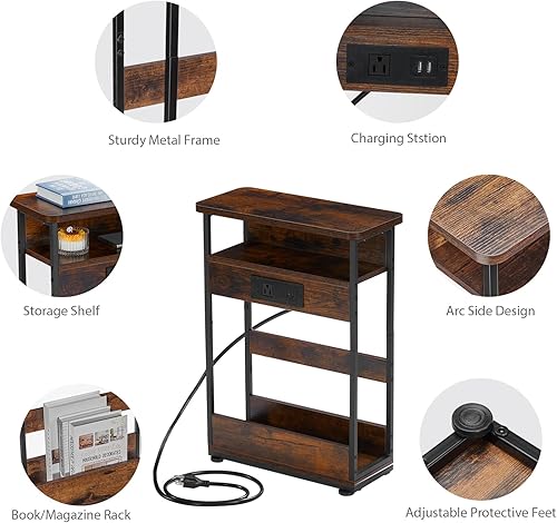 Miniatura 4 de Mesa auxiliar estrecha con estación de carga, mesa auxiliar de 3 niveles con 2 puertos USB y tomas de corriente, mesa auxiliar delgada para sofá