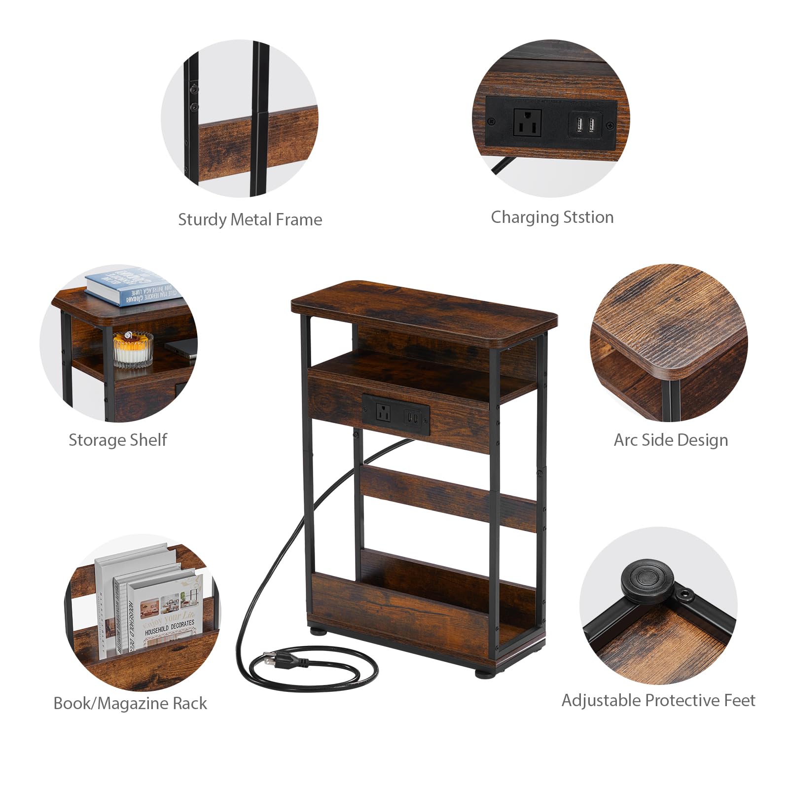 YEAKOO Narrow Side Table With UK-Plug Charging Station - Image 4