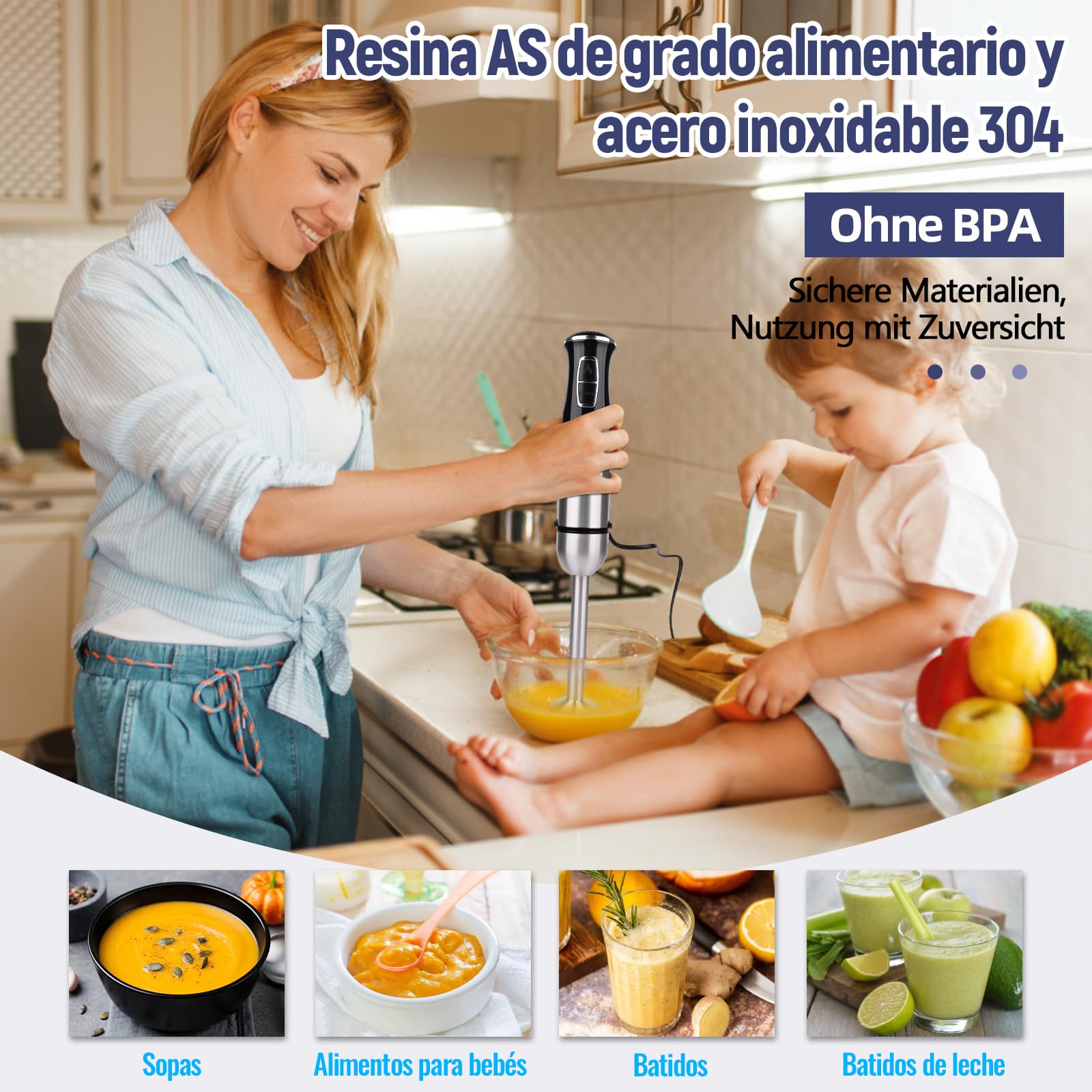 5 in 1 Frullatore a Immersione Multifunzione, 1000 W, 21 marce, con Tritatutto da 800 ml e Misurino da 600 ml, Frusta, Bastone per la schiuma di latte, frullatore, senza BPA