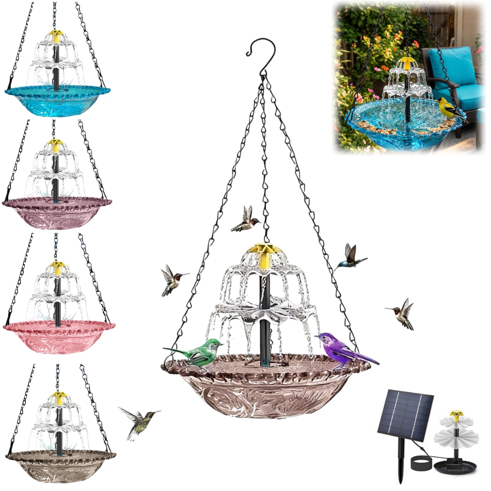 Spring Solar Fountain for Bird Bath, Hanging Solar Bird Bath Fountain with 3 layers, 2026 New Attracts Hummingbirds,Wild Birds for Garden, Hanging Feeder Tray, Birds Baths for Garden (3 Layers-Grey)