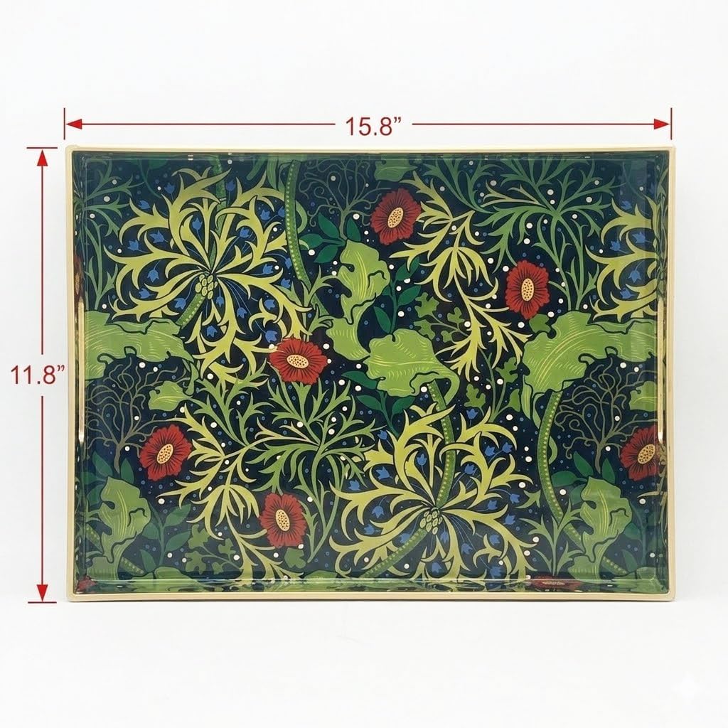 15.8" x 11.8" Navy Green Plastic Serving Tray with Handles, Seaweed & Poppy Botanical Floral Pattern with Red & Blue Accents and Gold Trim, for Ottoman, Coffee Table, Vanity