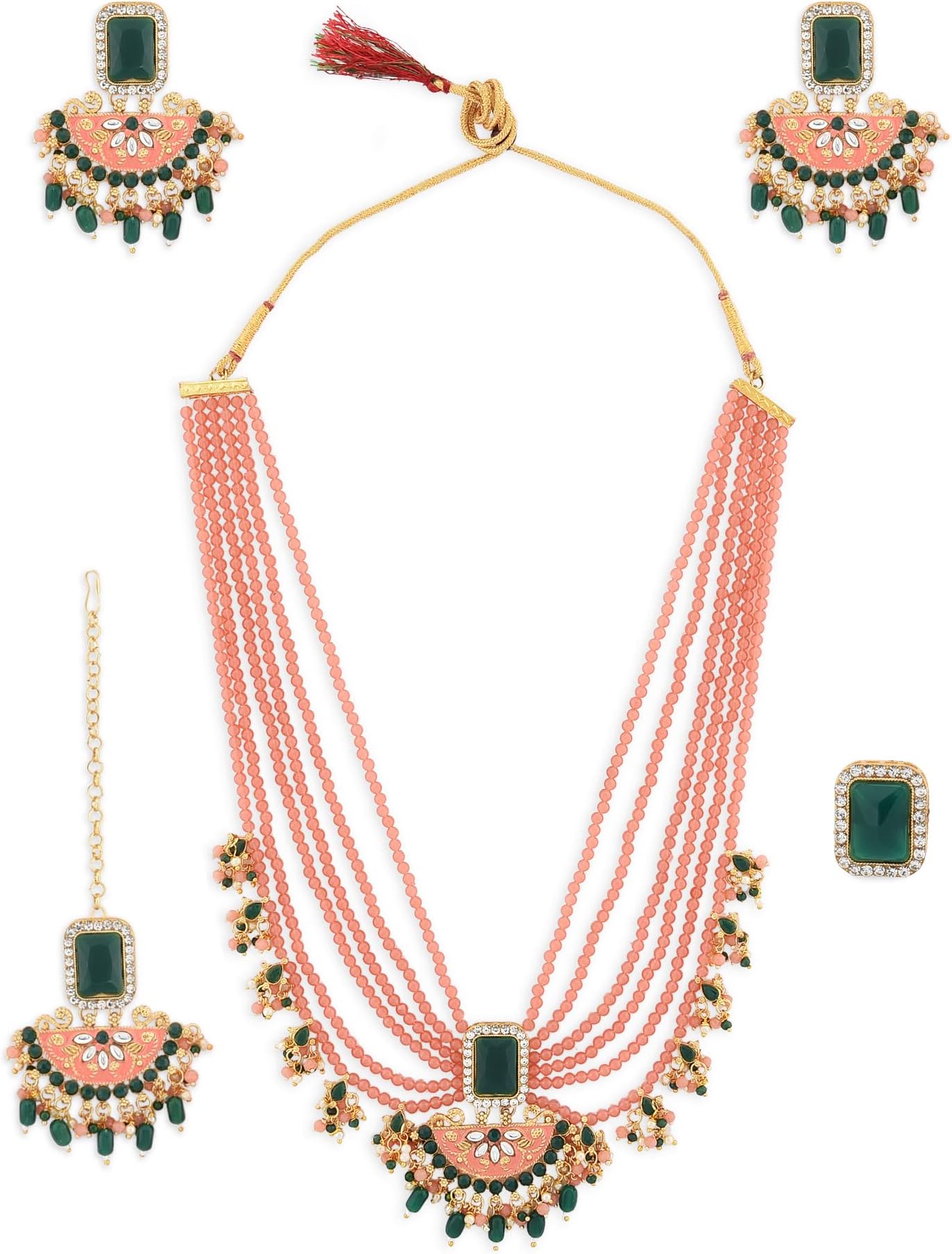 Peach & Green Multistrands Bridal Necklace Earring Maangtikka & Ring Set For Women-ZPFK12626