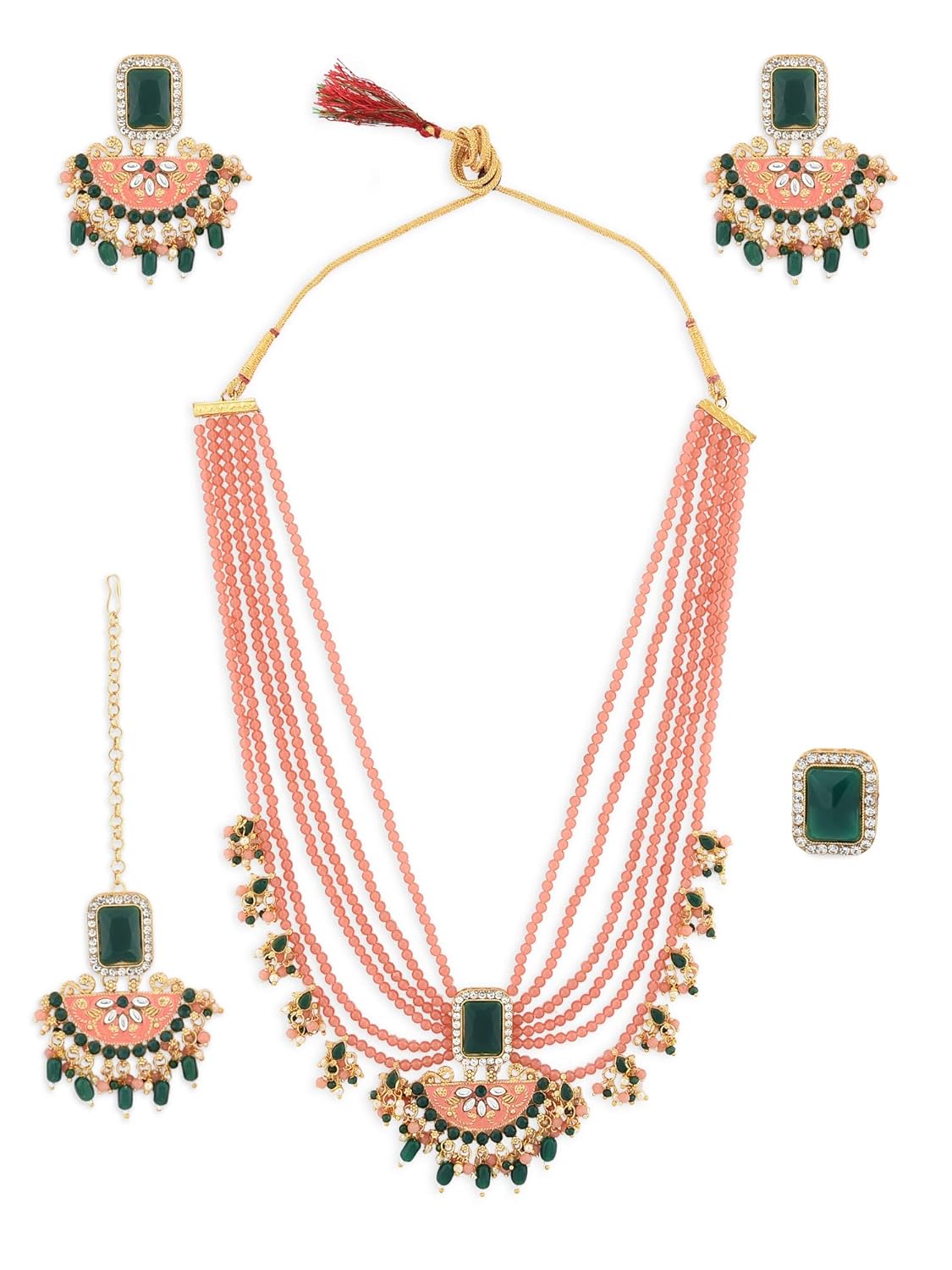 ZAVERI PEARLS Peach & Green Multistrands Bridal Necklace Earring Maangtikka & Ring Set For Women-ZPFK12626 ZAVERI PEARLS Peach & Green Multistrands Bridal Necklace Earring Maangtikka & Ring Set For Women-ZPFK12626