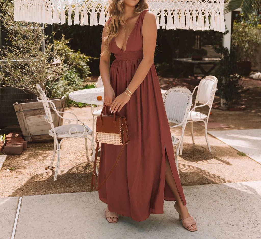 Women's Sexy Deep V Neck Sleeveless Halter Maxi Dress 2025 Summer Backless Side Slit Flowy Beach Vacation Long Dress - Image 3