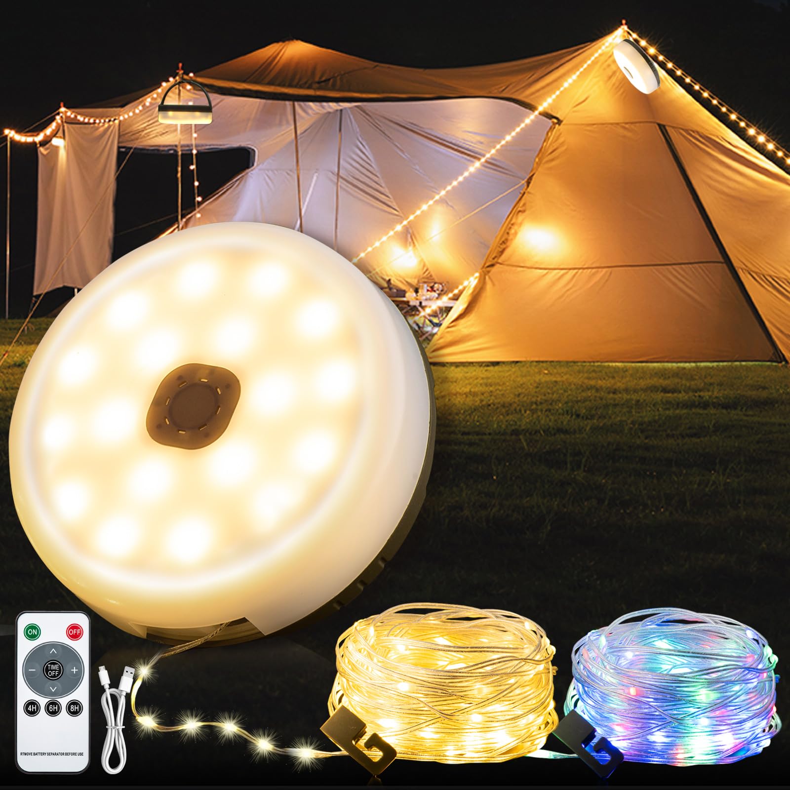 Camping-Lichterkette, 4-in-1-Camping-Lichterkette für den Außenbereich (10 m) mit 8 Beleuchtungsmodi, solarbetrieben und per USB wiederaufladbares Licht mit Fernbedienung für Camping, Hof und Wandern