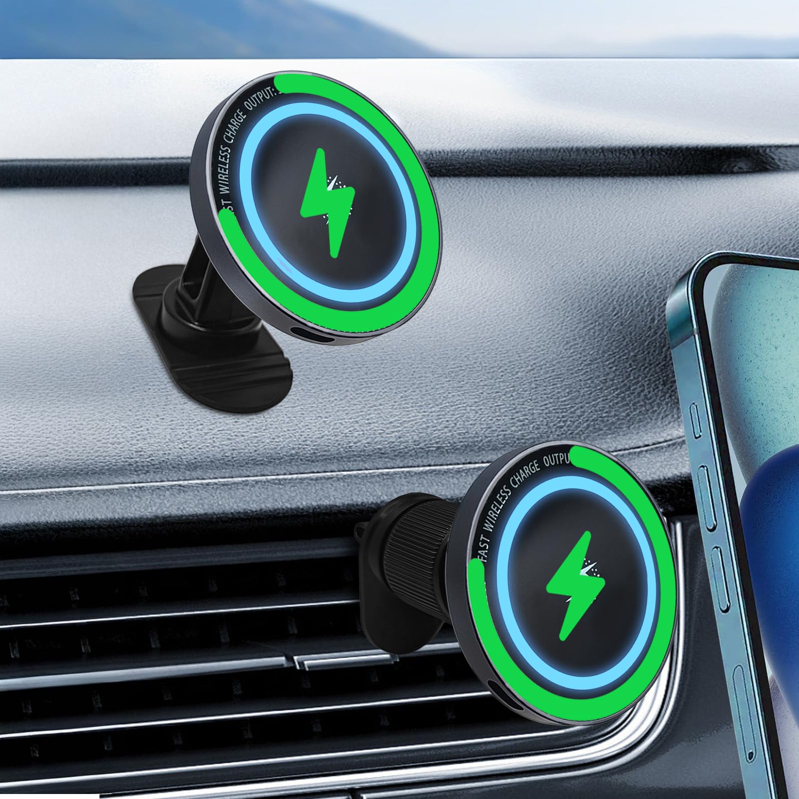 Soporte de coche con función de carga – Cargador inalámbrico de 15 W para iPhone 12 – 16 Pro/Max y Samsung, soporte magnético para teléfono móvil, ventilación del coche, giratorio 360° y agarre seguro