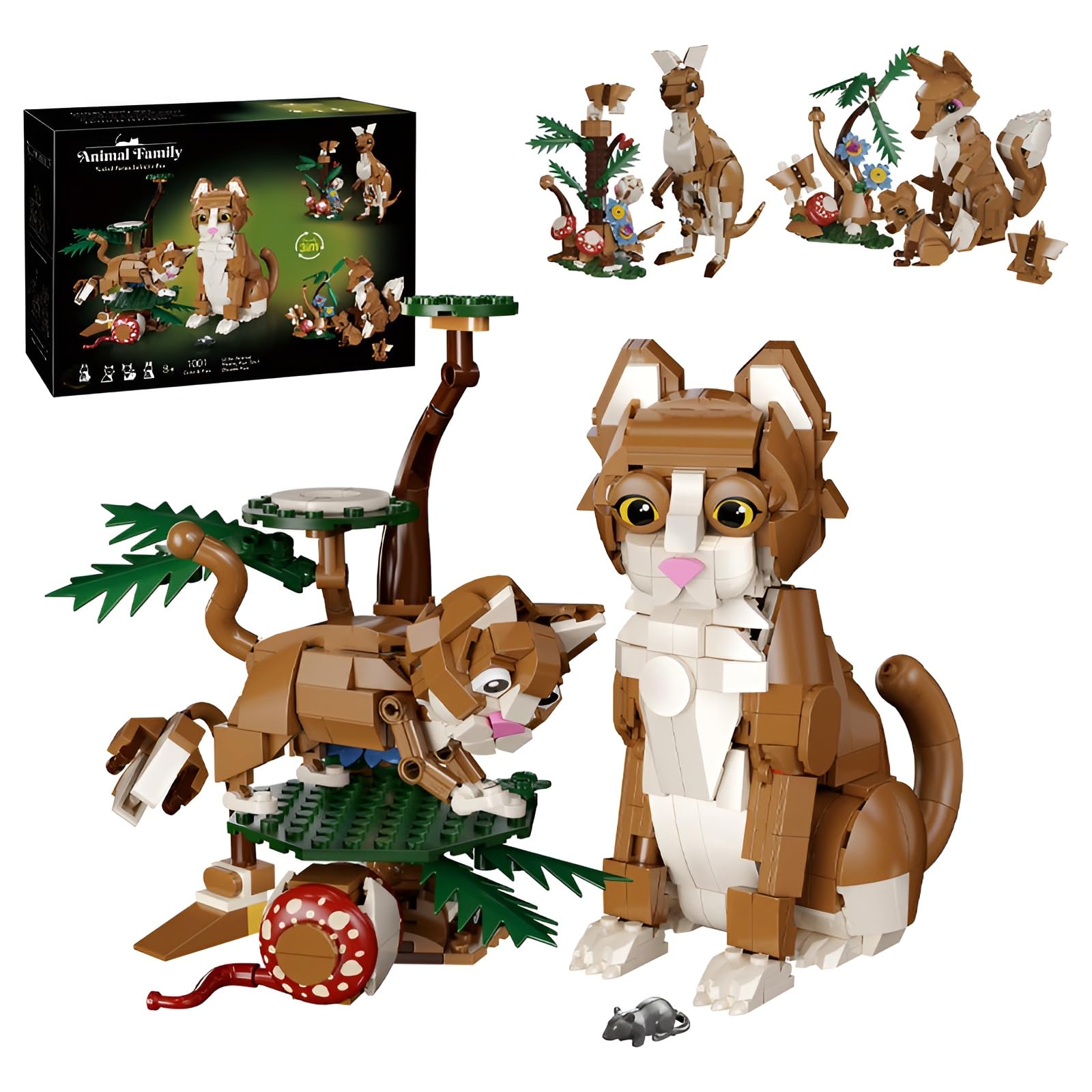 3 in 1 Animal Building Set, Cat Fox Kangaroo Creator Buildable Toy, Posable Pet Figures with Forest Scenery, Creative Bricks Kit Gifts for Teens & Adults, 1038 Pieces — image 1