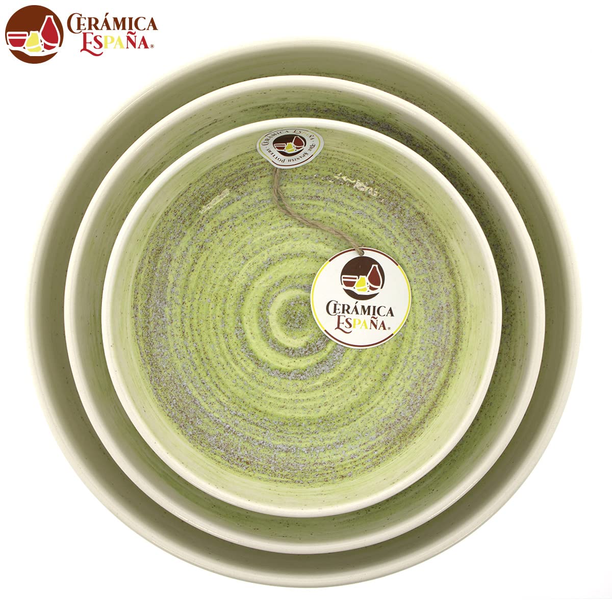 CERÁMICA ESPAÑA | Ceramiczna salaterka | Oryginalne salaterki sałatkowe | Dekoracja Salaterki Piasek Zielony Woda Zestaw x3 - Model M04 | 100% ręcznie robiona dekoracja | 27x27x6 + 22x22x6 + 18x18x5,5 cm