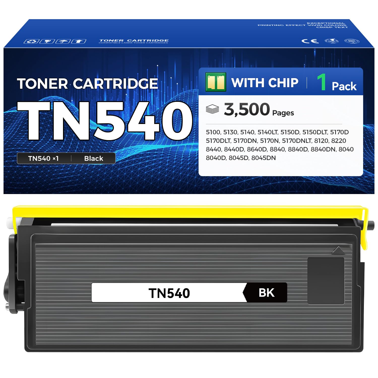 TN540 Toner Cartridge Black 1-Pack High Yield Replacement for Brother TN-540 Compatible with Brother DCP-8040 8045D 8045DN HL-5130 5140 HL-5150DLT HL-5170N MFC-8120 MFC-8440 MFC-8640D MFC-8840 Printer