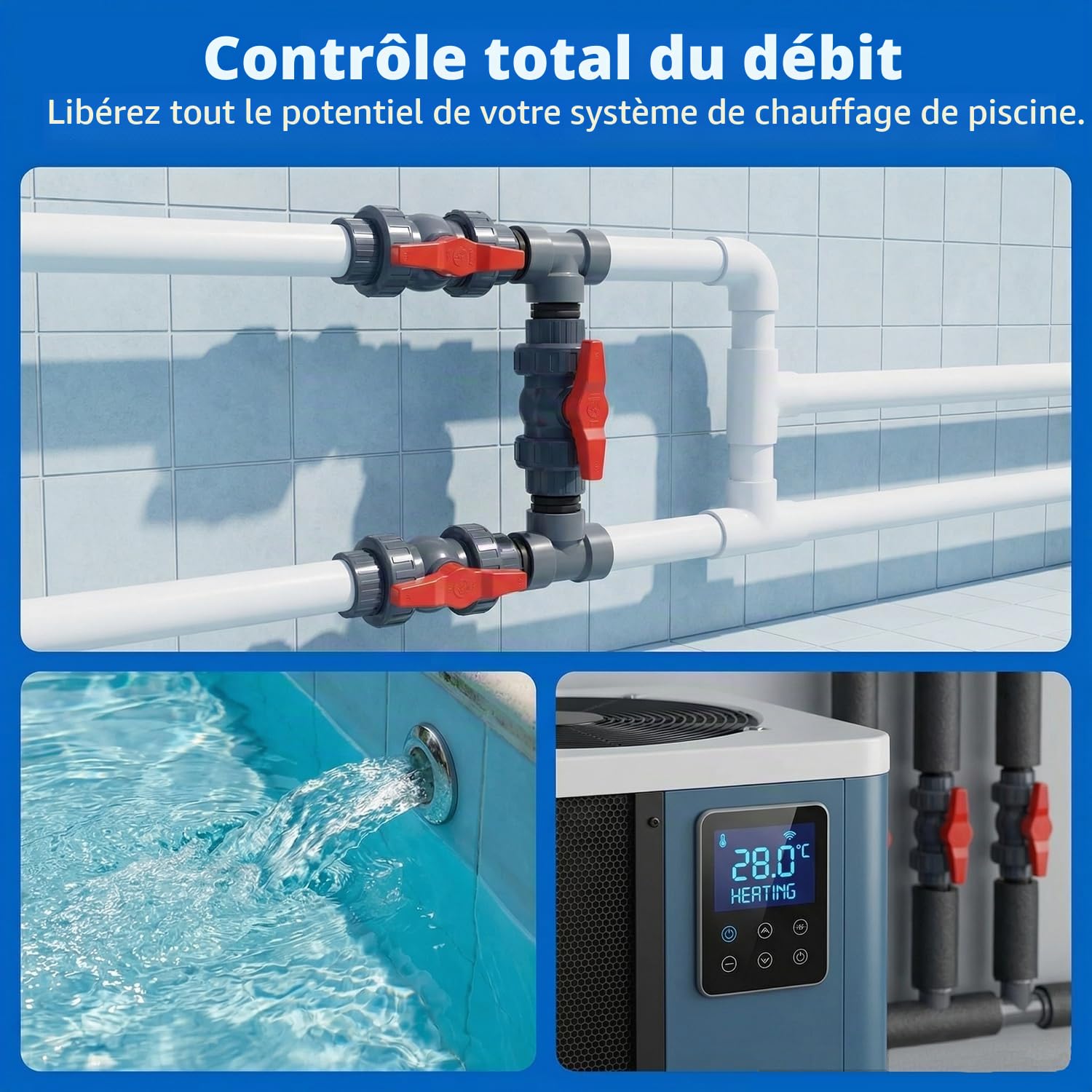 Pompe a Chaleur Piscine Kit, Raccordement pour Pompe à Chaleur, 32/38 mm Bypass Piscine Vanne Chauffage Solaire Piscine Hors Sol, Contrôle de l'Alimentation en Eau pour Une Régulation Optimale