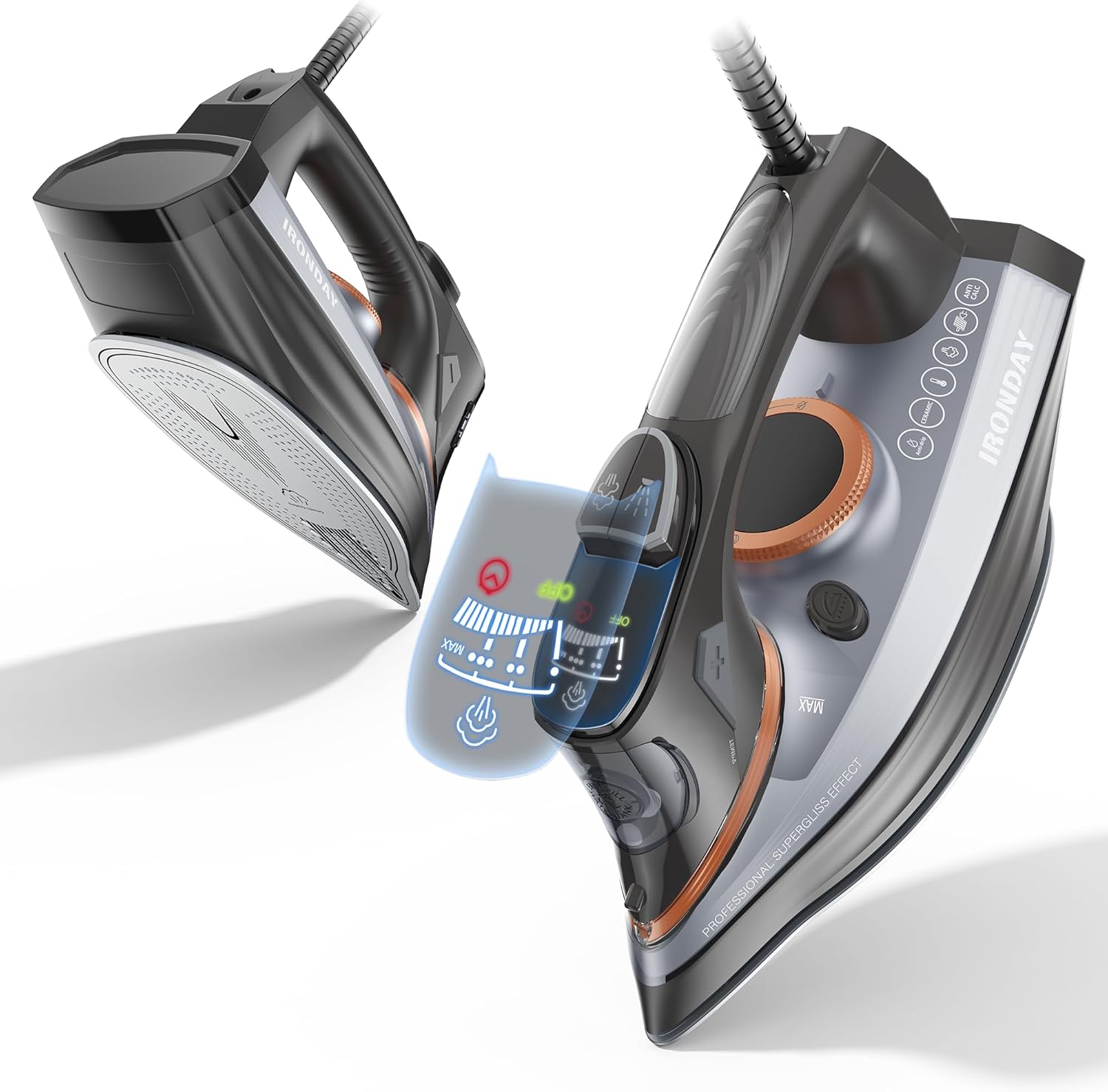 Steam Iron for Clothes with LCD Screen, 1700W Iron Non-Stick Ceramic Soleplate, Auto Shutoff, Self-Cleaning, Steam Burst, Spray Mist 10.14oz Water Tank Ironing Clothes for Home