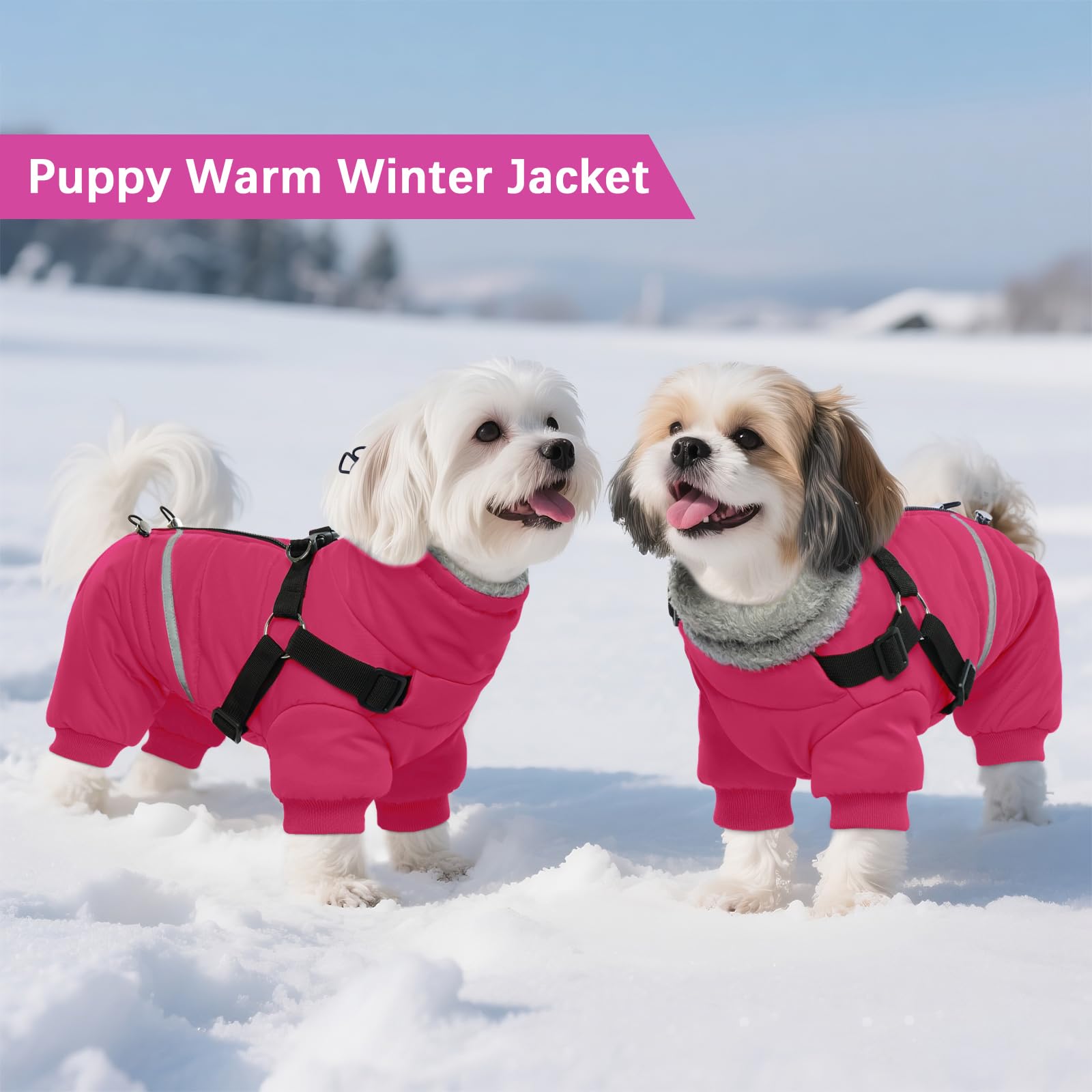 BRKURLEG Chaqueta de invierno para perros con arnés integrado, chaqueta de invierno para perros pequeños y medianos traje de nieve reflectante cortavientos para clima frío, abrigos de forro