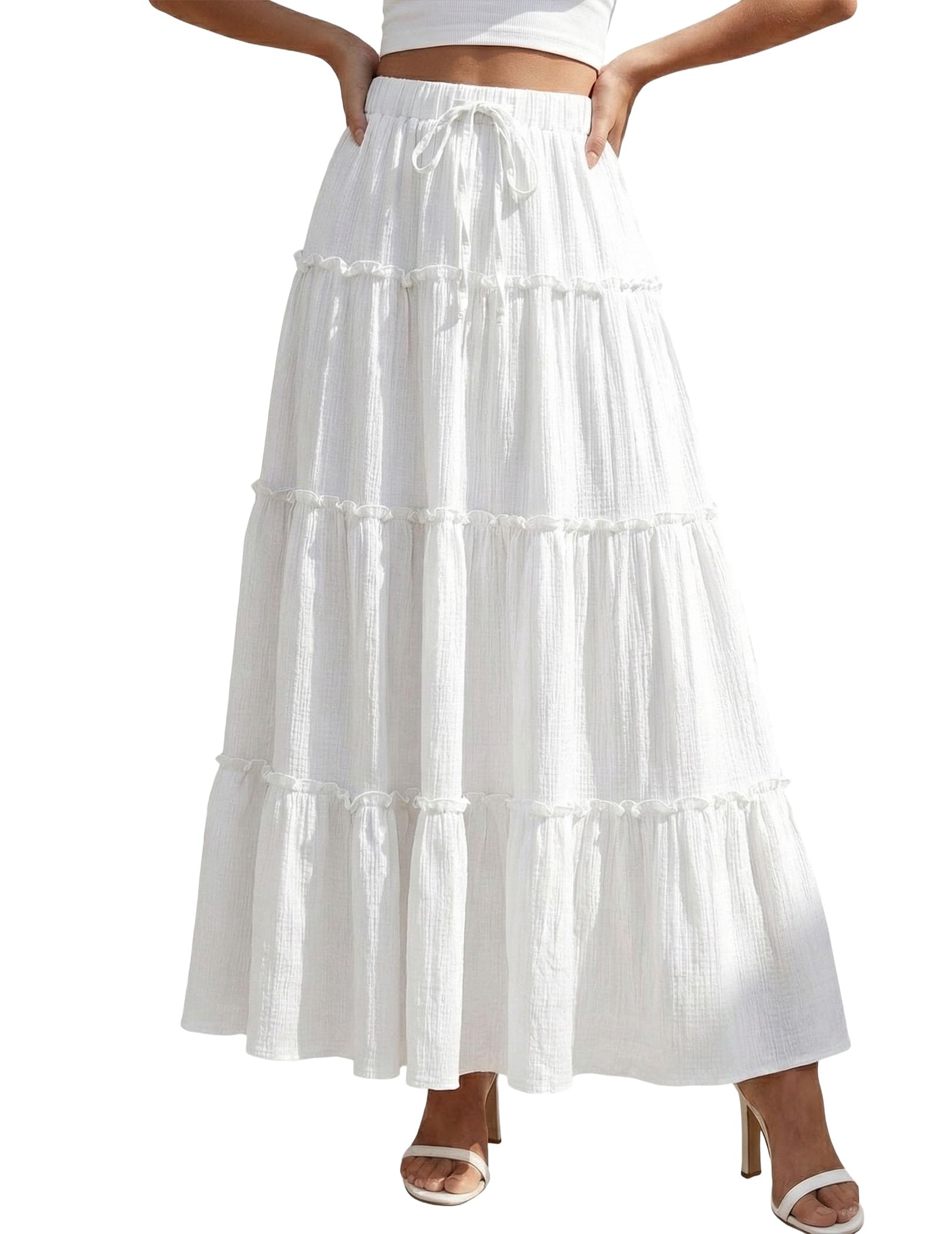 DERAX Womens Boho Maxi Skirt Flowy Ruffle Tiered Elastic High Waisted A Line 2026 Spring Summer Beach Vacation