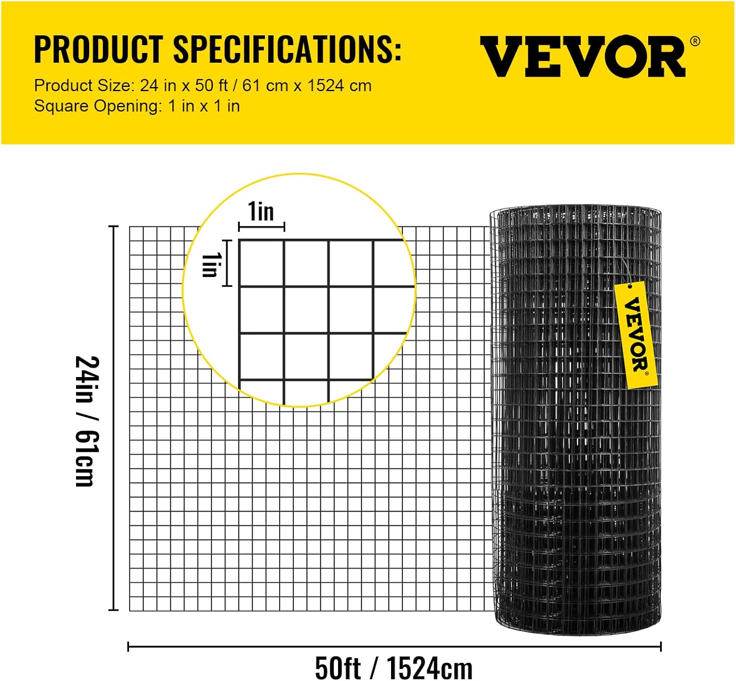 Diagram showing the dimensions of the hardware cloth: 24 inches (61 cm) in width and 50 feet (1524 cm) in length, with a detailed inset of the 1 inch by 1 inch mesh opening.