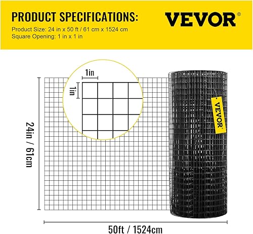 Miniatura 7 de VEVOR Paño de hardware de 24 pulgadas x 50 pies, tamaño de malla de 1 x 1 pulgada, alambre soldado de calibre 16 recubierto de vinilo de acero