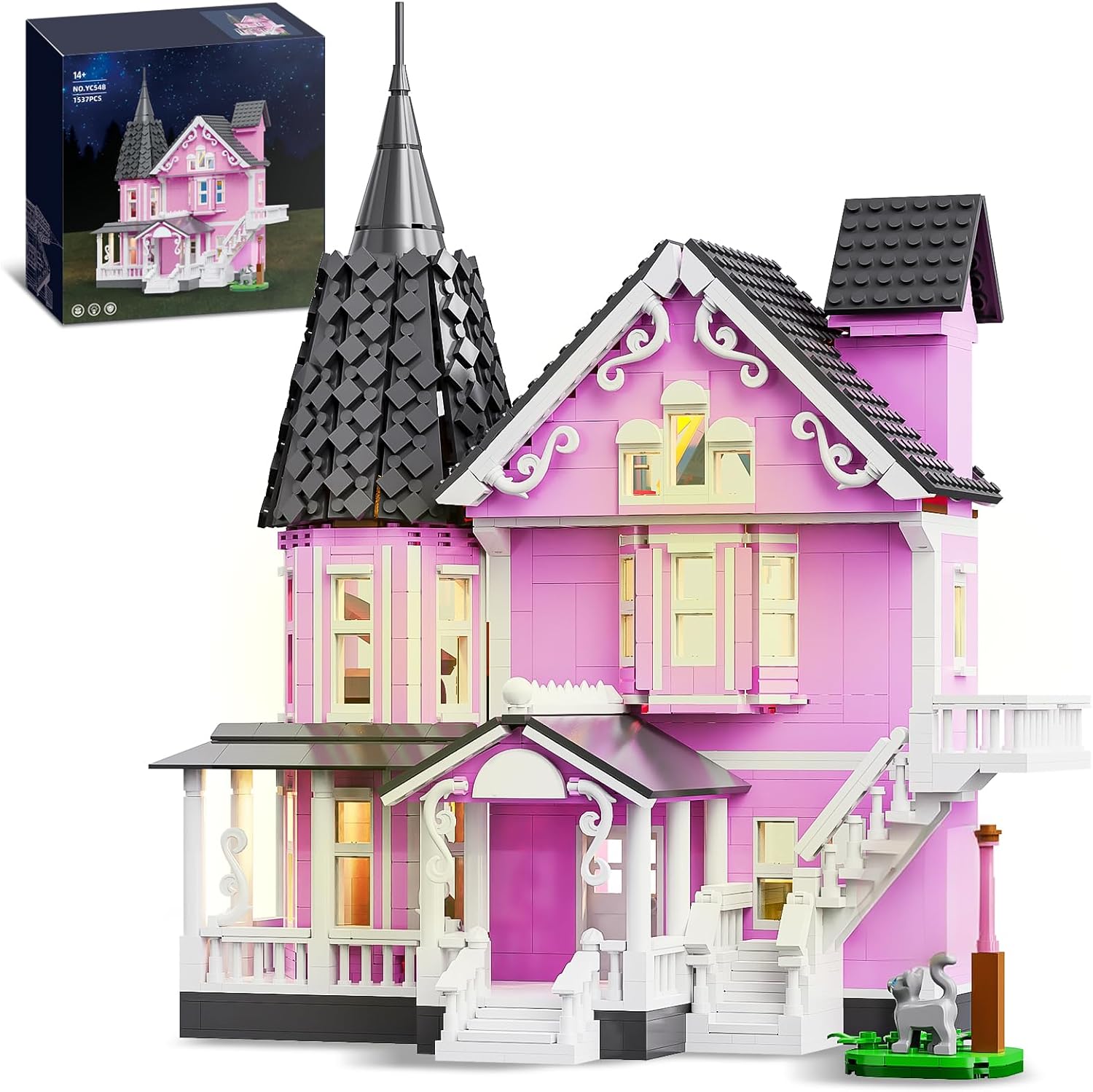 Pink Girls House Building Set with Light, Haunted House Construction Building Toys, Architecture Building Kit for Adults, Compatible with Lego, Halloween for 14+ (1537 PCS)