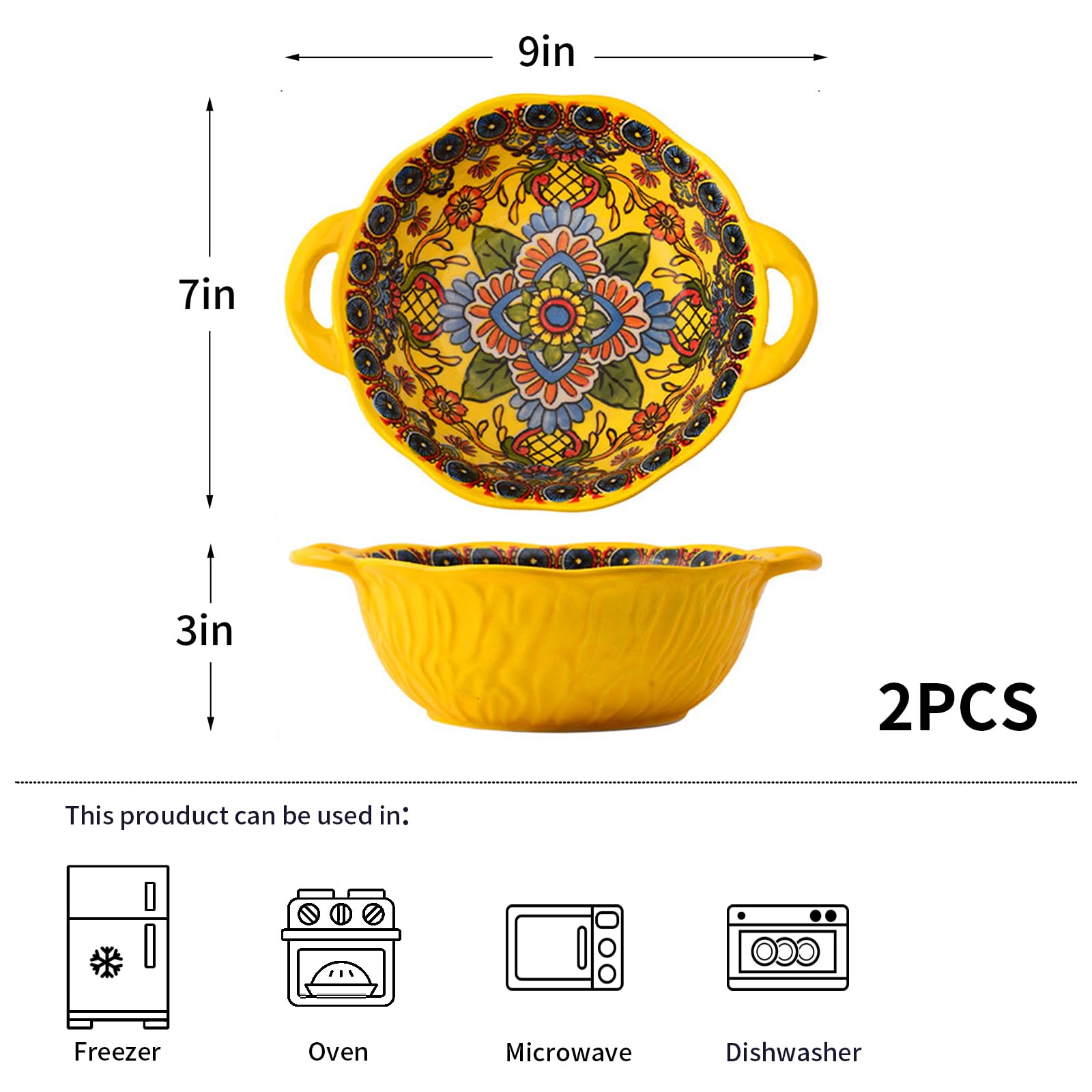 Keramik-Servierschalen im Boho-Stil mit Griffen, 1,2 l Porzellan-Salatschüsseln, große Servierschalen für Unterhaltung, Rührschüsseln für Suppe, Eintopf, Nudeln, Müsli, buntes geprägtes süßes