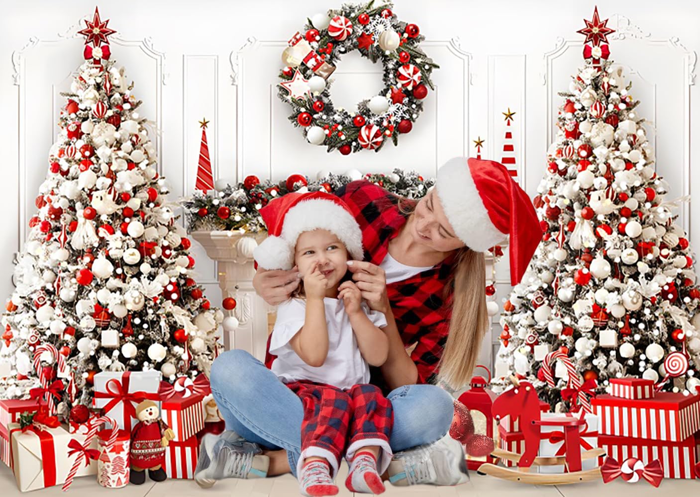 3x2.4m Toile de Fond Noël Photo de Noël Cheminée Blanc Rouge Arbre de Noël Fond Photographique Famille Enfants Hiver Vacances Noël Nouvel an Décorations Fête Bannière Photo Booth Props