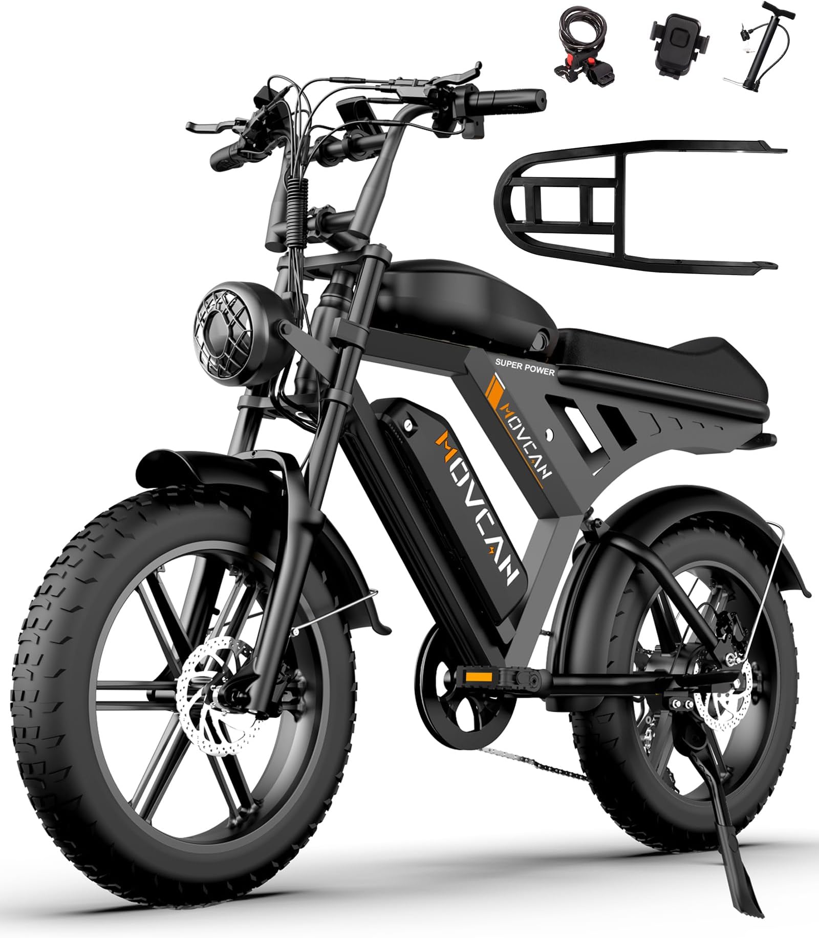 MOVCAN Electric Bike for Adults, with Rear Rack, 7 Speed Gear, Hydraulic Brakes&Full Suspension Electric Motorcycle Bike