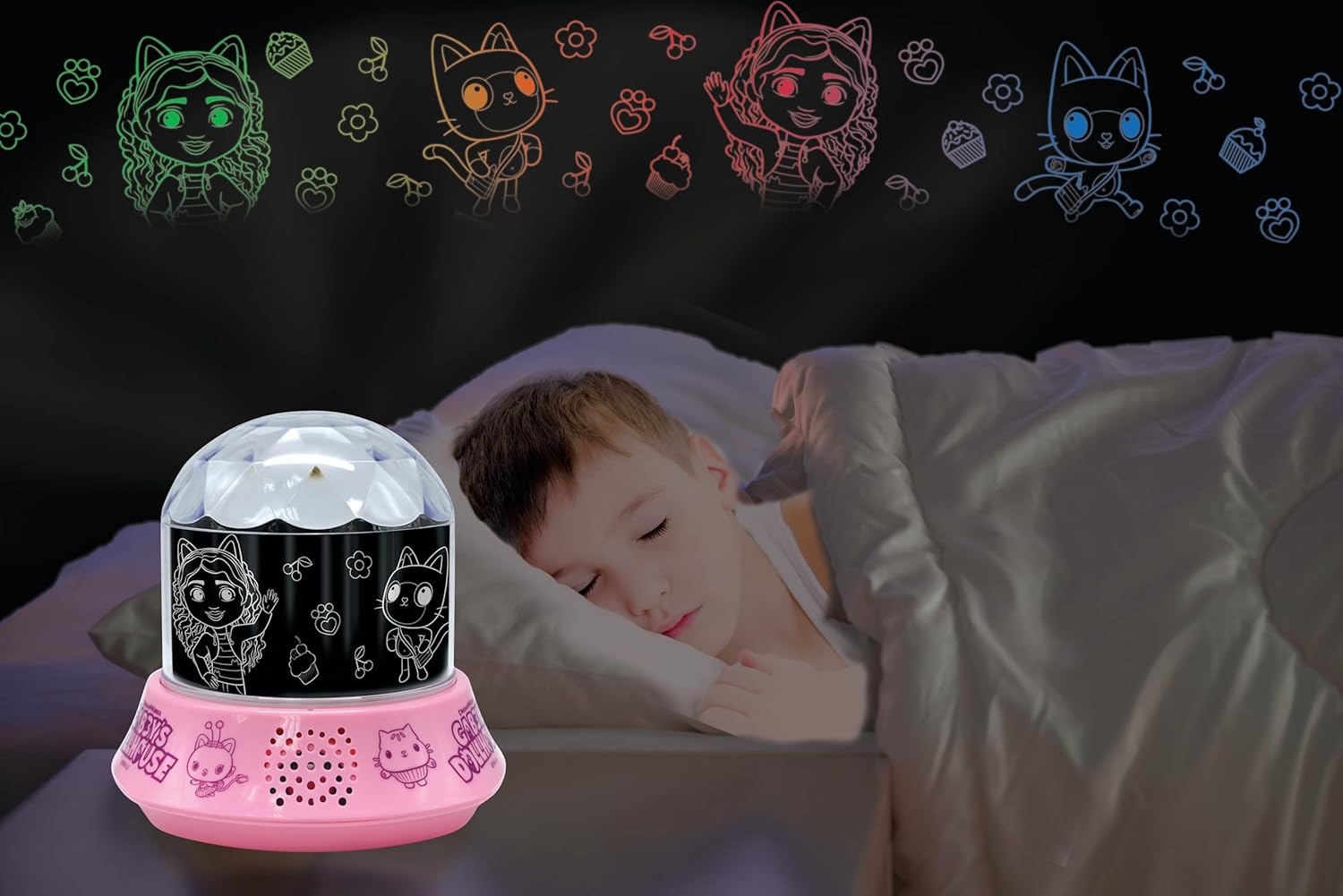 Lexibook, Gabby and the Magic House, Night Light with Speaker, Projections by Gabby's Dollhouse, Kaleidoscopic Ceiling Lights, Speaker with Auxiliary Socket, Rechargeable, NLJ035GDH